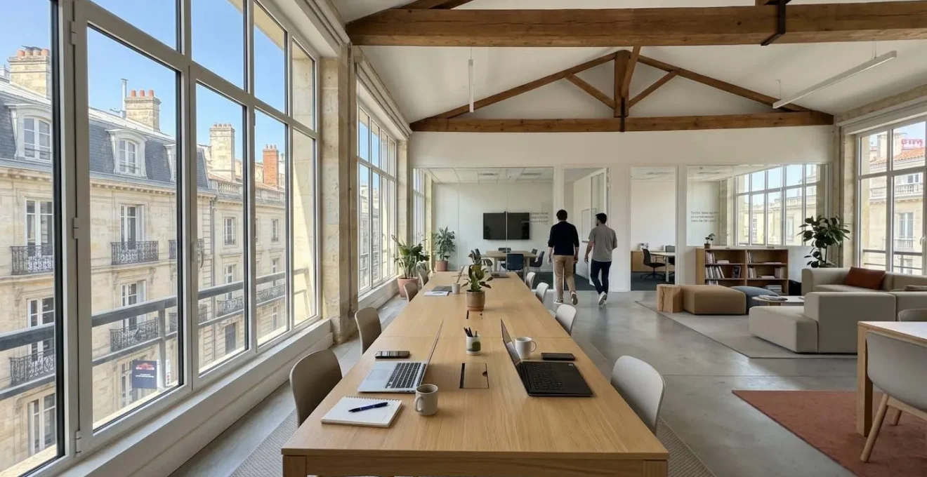 Vue d'ensemble d'un espace de travail collaboratif moderne avec grandes fenêtres, design contemporain épuré, lumière naturelle abondante, ordinateurs portables sur bureaux, architecture européenne visible à l'extérieur