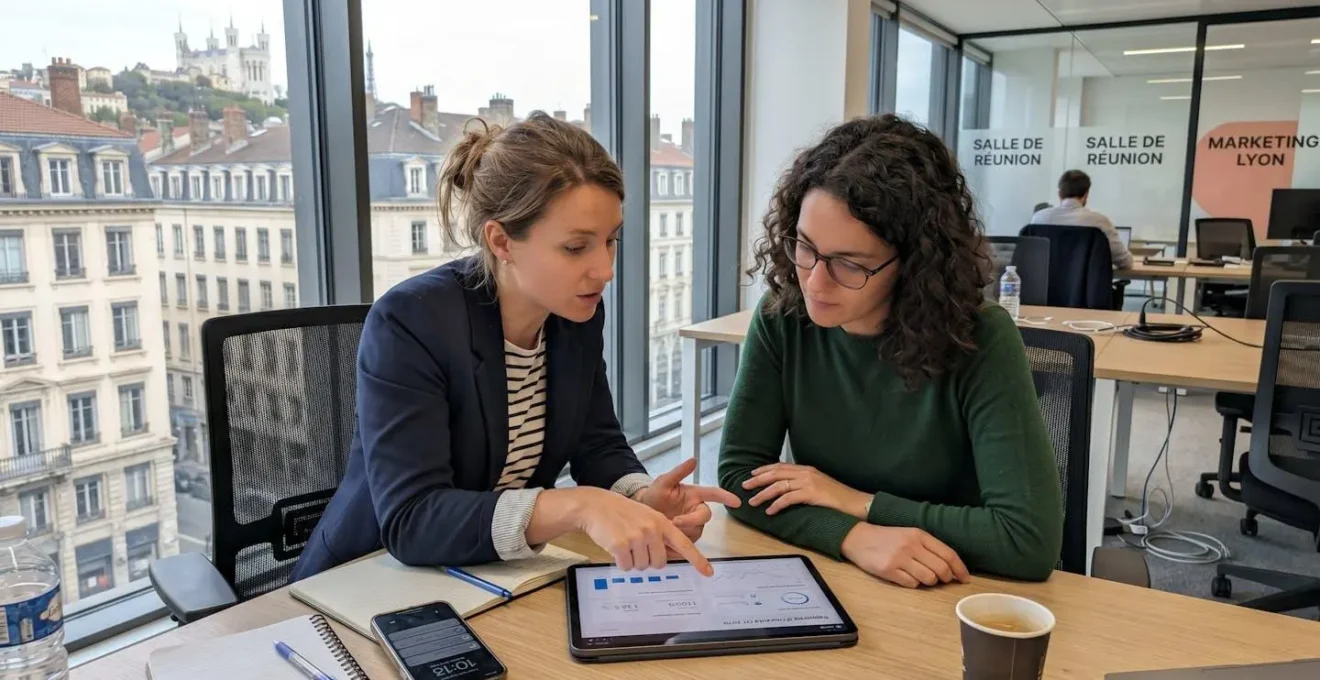 Deux professionnels du marketing dans un bureau contemporain à Lyon discutant de données affichées sur une tablette, interaction naturelle, gestes authentiques, environnement de travail moderne