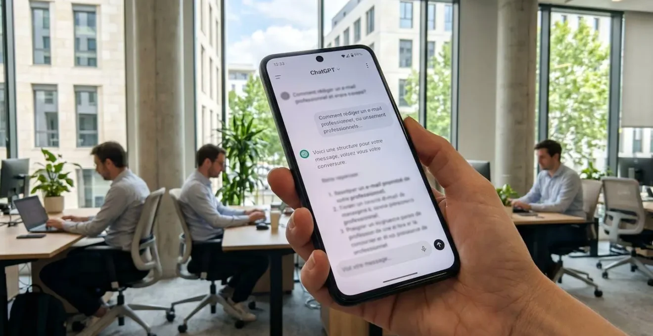 Gros plan sur un écran de smartphone affichant l'interface ChatGPT en français, tenu dans une main au-dessus d'un bureau moderne avec lumière naturelle