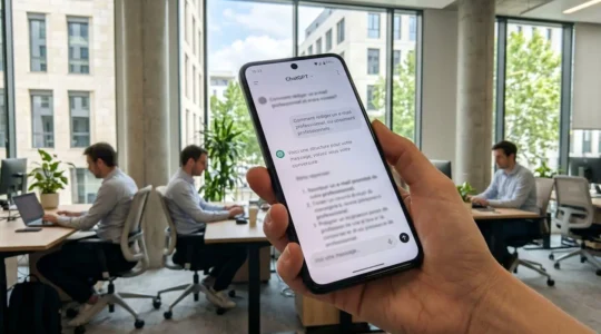 Gros plan sur un écran de smartphone affichant l'interface ChatGPT en français, tenu dans une main au-dessus d'un bureau moderne avec lumière naturelle