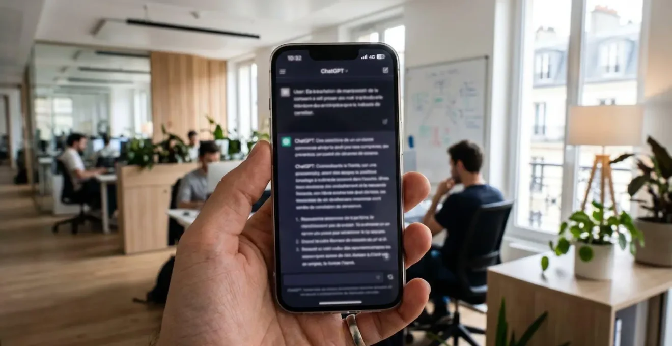 Gros plan sur un écran de smartphone affichant l'interface ChatGPT en français, tenu dans une main au-dessus d'un bureau moderne avec lumière naturelle