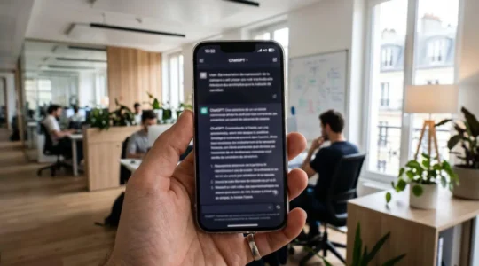 Gros plan sur un écran de smartphone affichant l'interface ChatGPT en français, tenu dans une main au-dessus d'un bureau moderne avec lumière naturelle