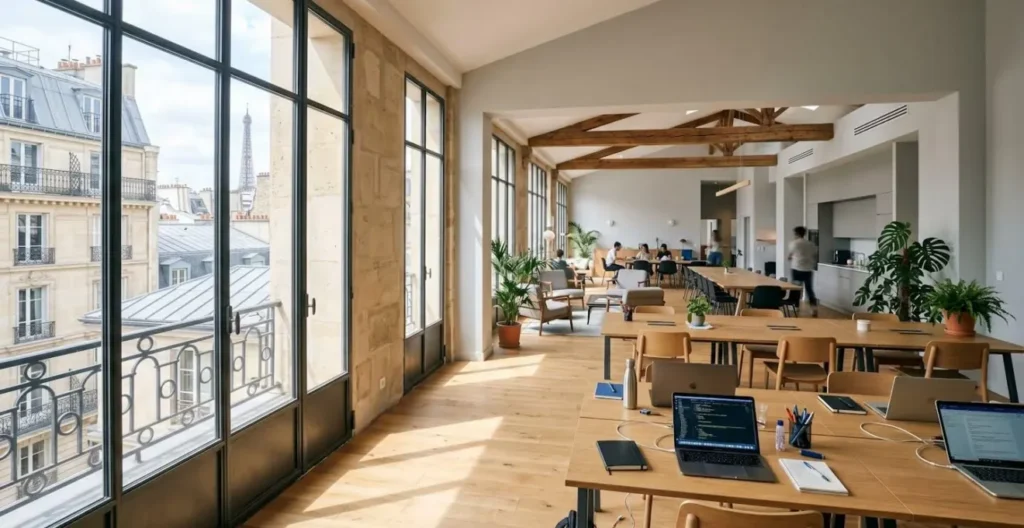 Vue d'ensemble d'un espace de travail collaboratif moderne avec grandes fenêtres, design contemporain épuré, lumière naturelle abondante, ordinateurs portables sur bureaux, architecture européenne visible à l'extérieur Vue d'ensemble d'un espace de travail collaboratif moderne avec grandes fenêtres, design contemporain épuré, lumière naturelle abondante, ordinateurs portables sur bureaux, architecture européenne visible à l'extérieur