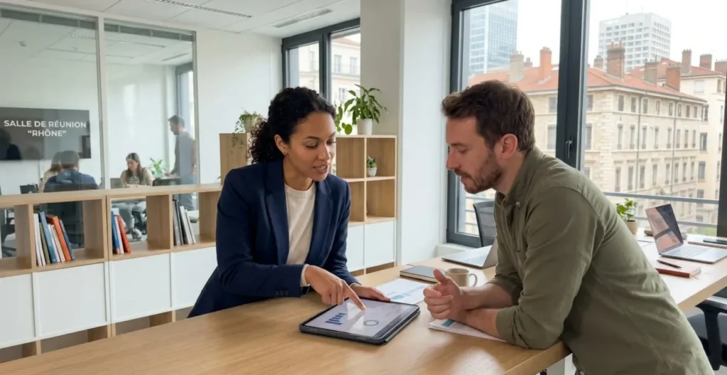 Deux professionnels du marketing dans un bureau contemporain à Lyon discutant de données affichées sur une tablette, interaction naturelle, gestes authentiques, environnement de travail moderne Deux professionnels du marketing dans un bureau contemporain à Lyon discutant de données affichées sur une tablette, interaction naturelle, gestes authentiques, environnement de travail moderne